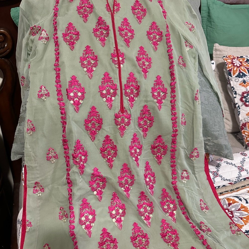 Pakistani salwar kameez Elegant Green and Pink Embroidered chiffon Dress